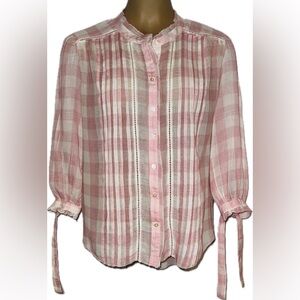 Sundance Risette Top Button Front Plaid Pink White Blouse Feminine Sz PM Petite